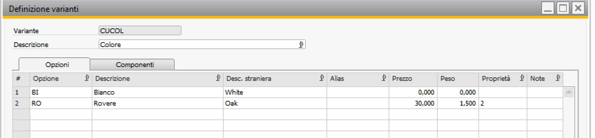 Variante Colore mit den Optionen