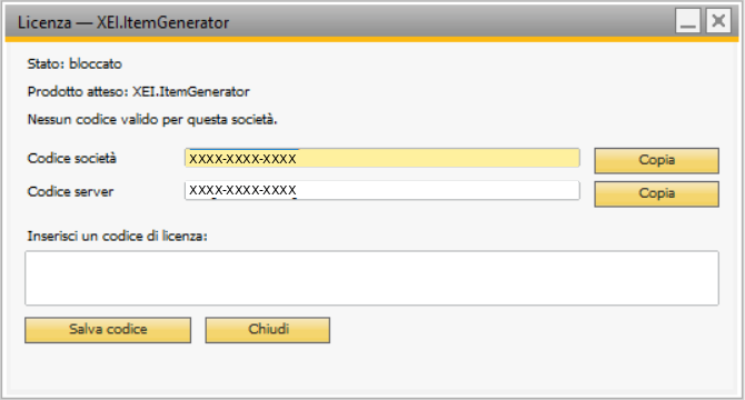 Das Fenster Licenza bei gesperrtem Add-on